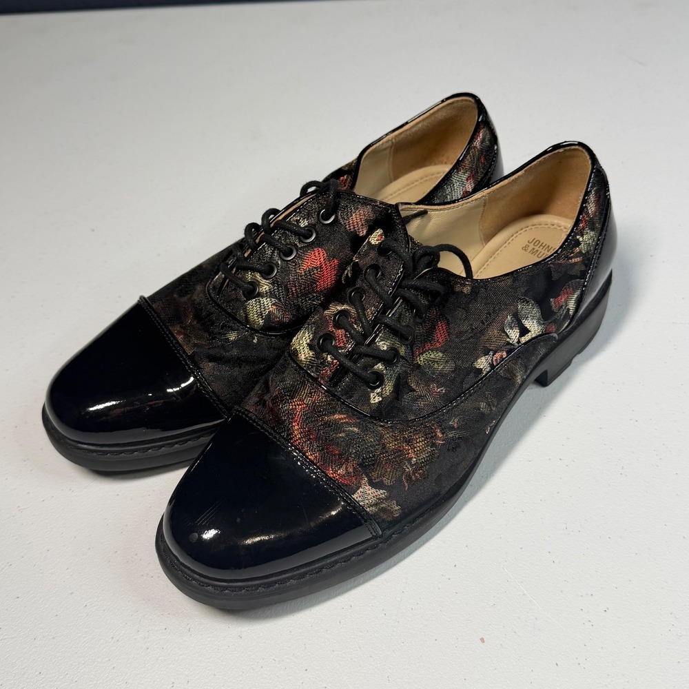 Johnston & Murphy Oxford 9 Black Floral Tapestry Patent Leather J&M Flex - Picture 2 of 9
